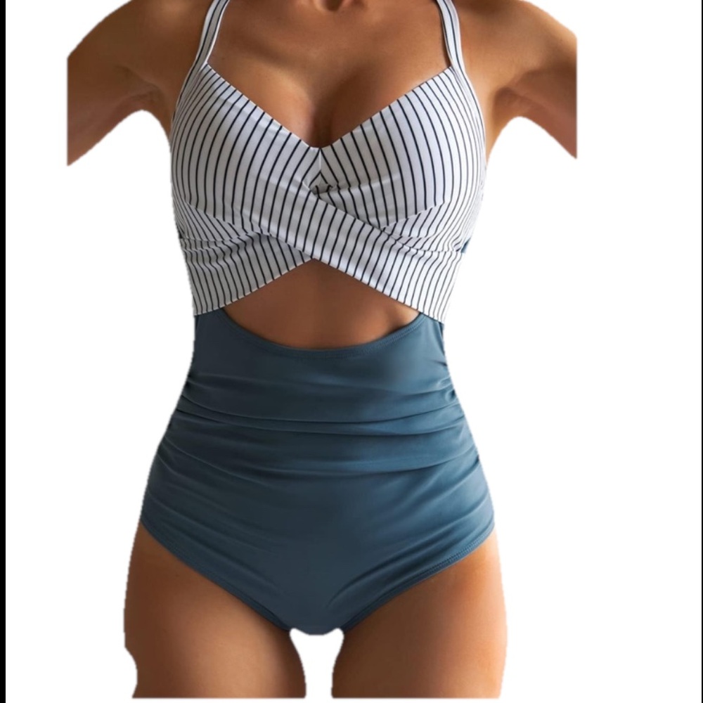 Monokini-Blue Striped Cutout Swimsuit